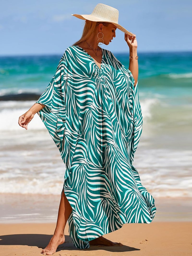 IMAGEKOPE Women's Plus Size Animal Print V-Neck Batwing Kaftan Beach Dress Bathing Suit Cover-Up Loungewear - Image 4